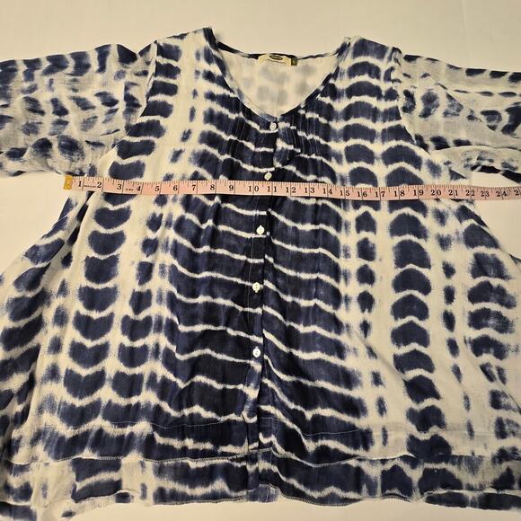 Dolma Boho Tie Dye Blouse L Blue White Cotton Lightweight Tunic Side Slit Top - Picture 7 of 8